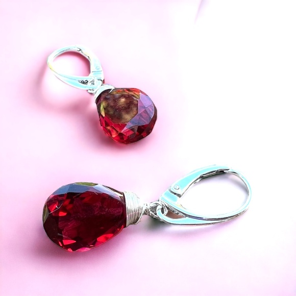 Sterling Silver Ruby Earrings Wire Wrapped , July Birthstone , 40th Anniversary - Picture 8 of 8